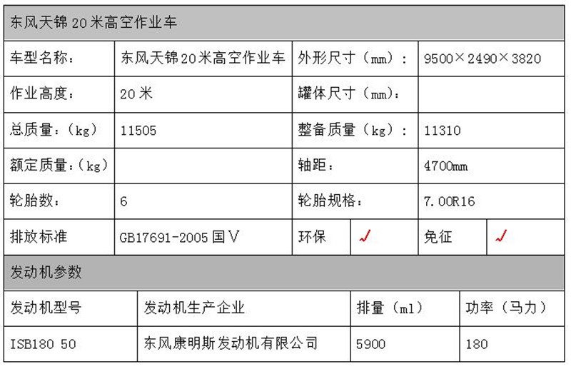 東風天錦高空作業(yè)車配置